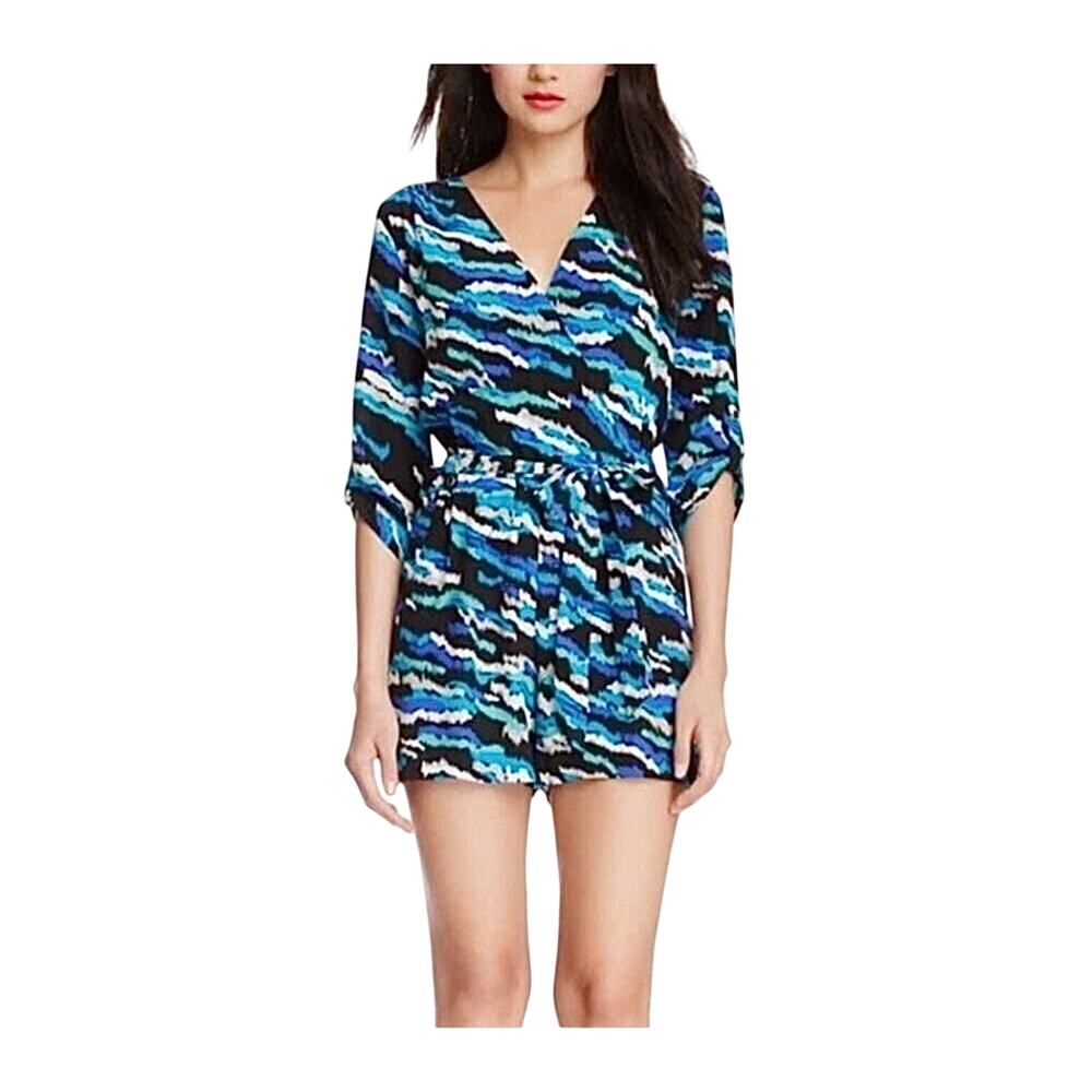 Yumi Kim Silk Romper Blue Turquoise Black White Waist Tie V Neck 3/4 Sleeve